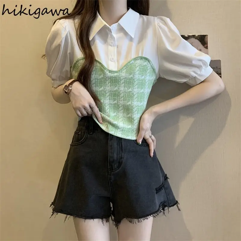 Chic Two Fake Two Shirts for Women Puff Sleeve Tunic Patchwork Plaid Blouses 2024 Blusas Mujer De Moda Vintage Summer Blouse