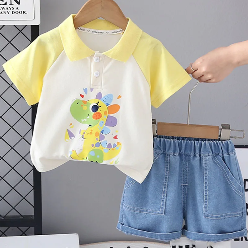 2Piece Sets Summer Toddler Boy Outfits Korean Cartoon Cute Casual Fashion Short Sleeve Baby Tops+Denim Shorts Kids Clothes B163