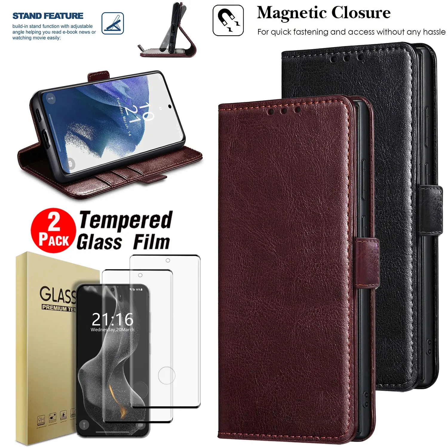 

Для Samsung Galaxy S21 FE/Plus/Ultra чехол из искусственной кожи с откидной подставкой, чехол-книжка + 2 шт., прозрачные защитные пленки из закаленного стекла