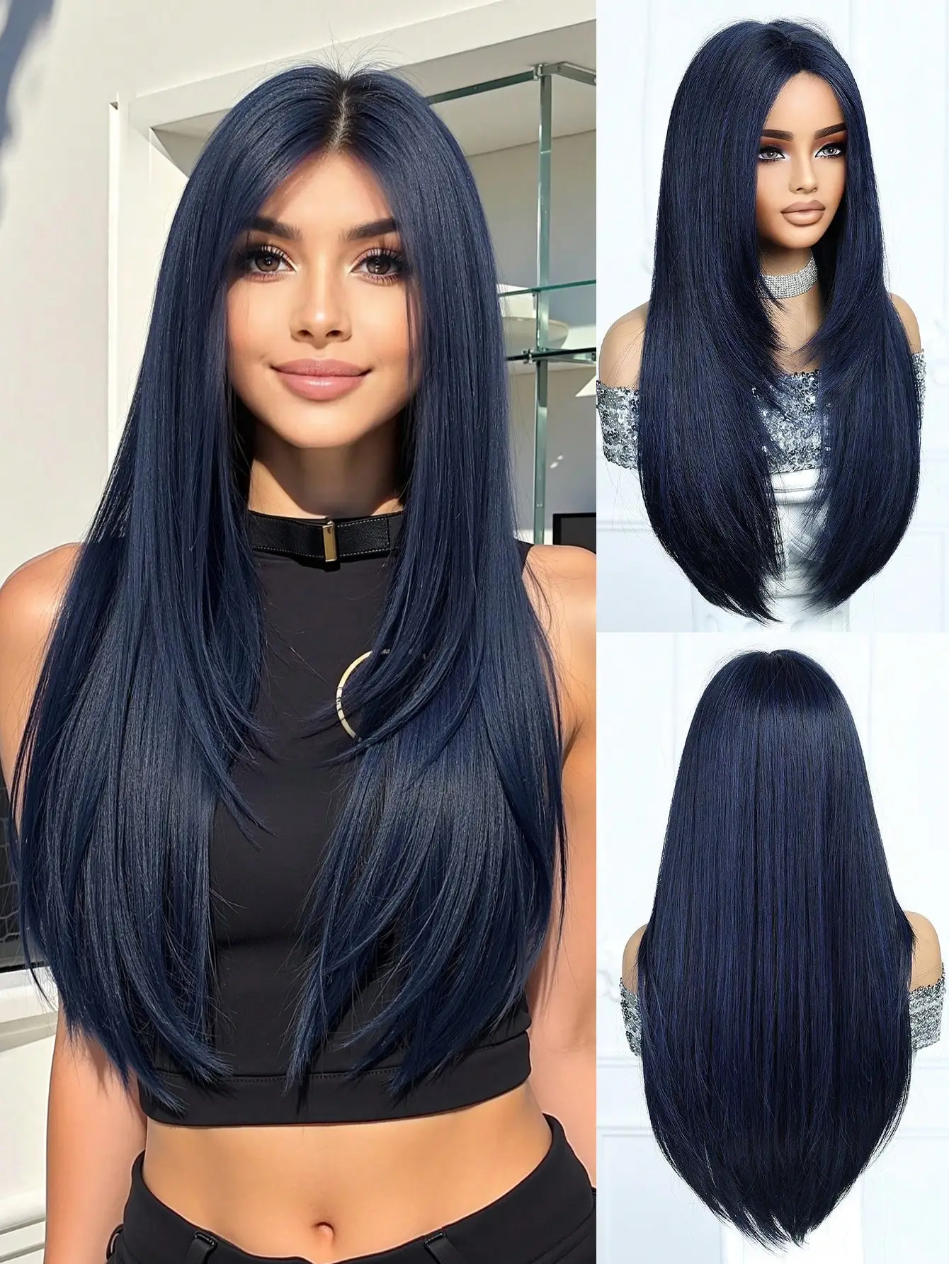 

Темно-синие парики для женщин Длинный прямой парик из волос с центральной частью Натуральный волнистый синтетический парик Термостойкие волосы для повседневной вечеринки