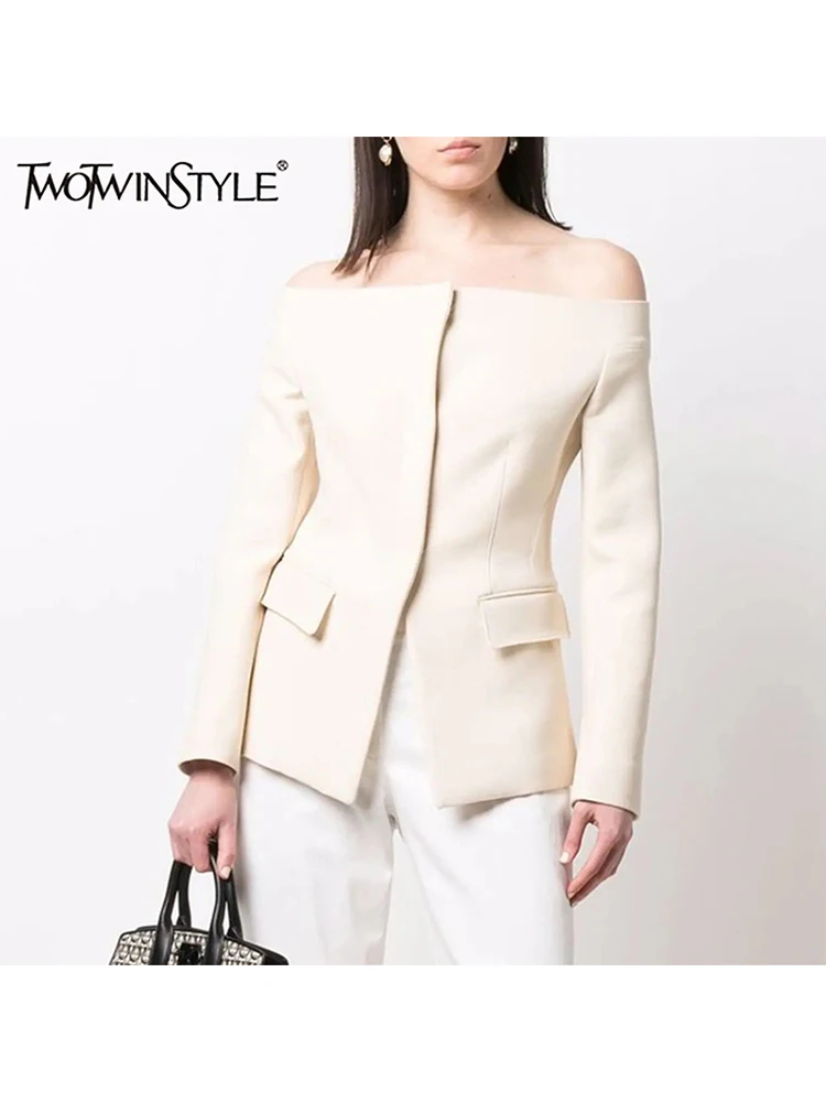 TWOTWINSTYLE Solid Patchwork Elegant Jacket For Women Slash Neck Long Sleeve Spliced Covered Button Slimming Coat Female Autumn