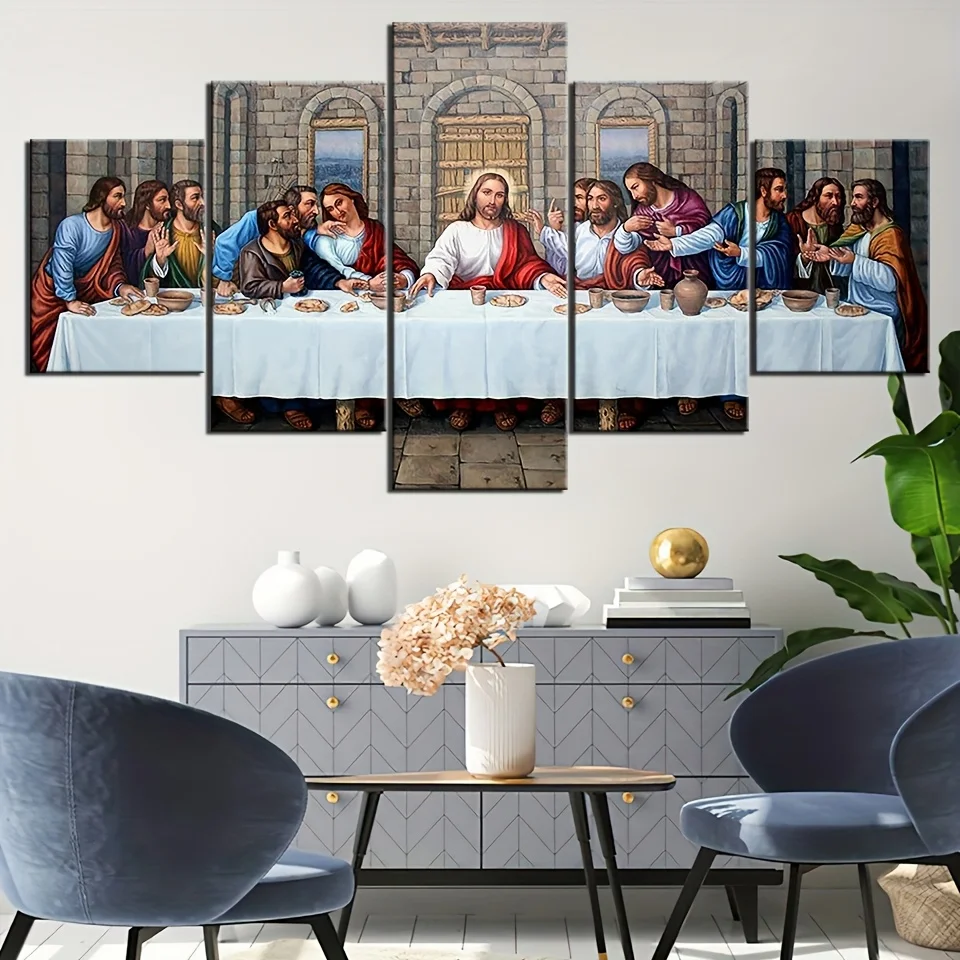 5 قطع خمر يسوع المسيح "العشاء الأخير" قماش الفن يطبع، ديكور جدار ديني لغرفة النوم، غرفة المعيشة، المكتب، Framele #1
