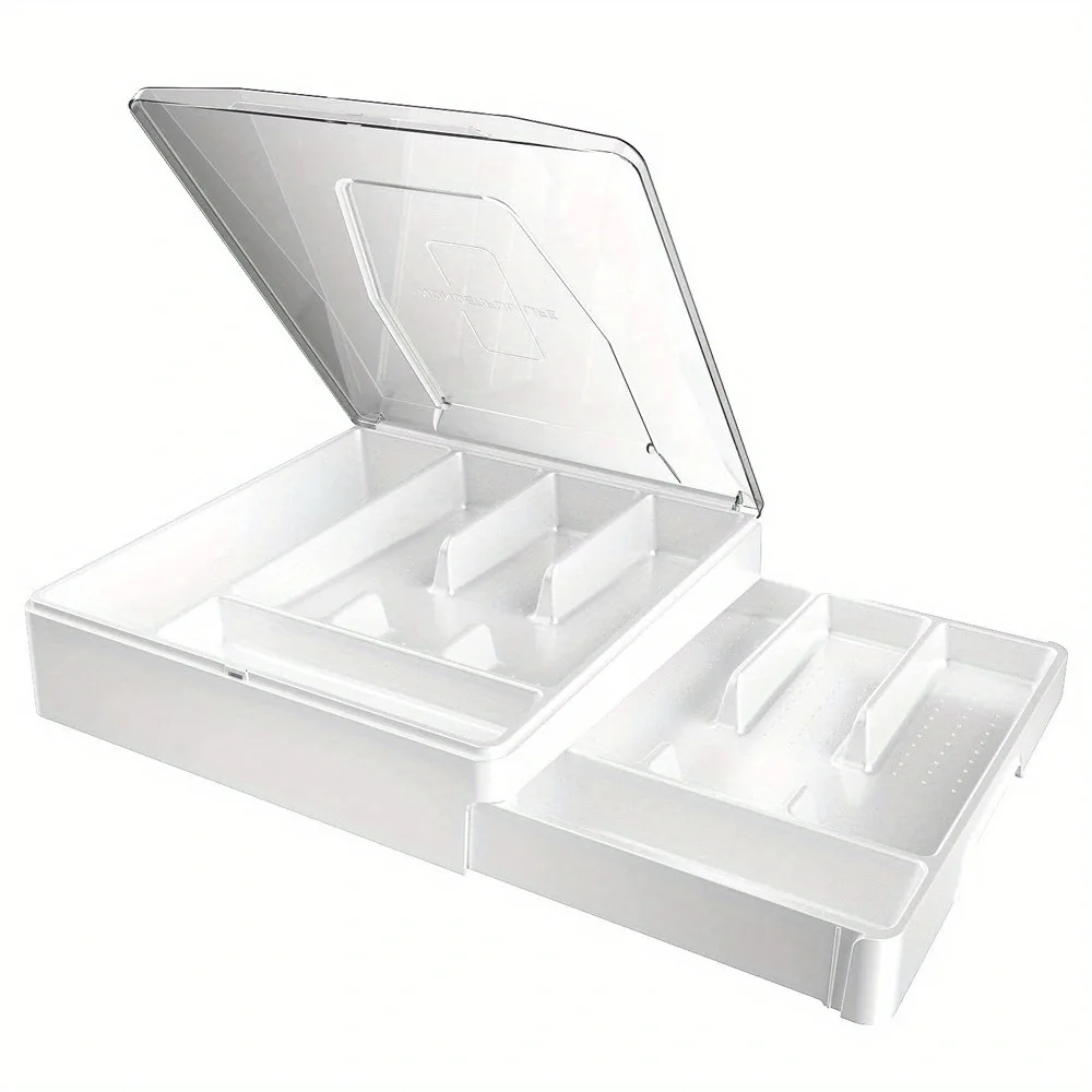 

Double silver tray with lid, cutlery tray drawer organizer, cutlery storage rack with lid, white