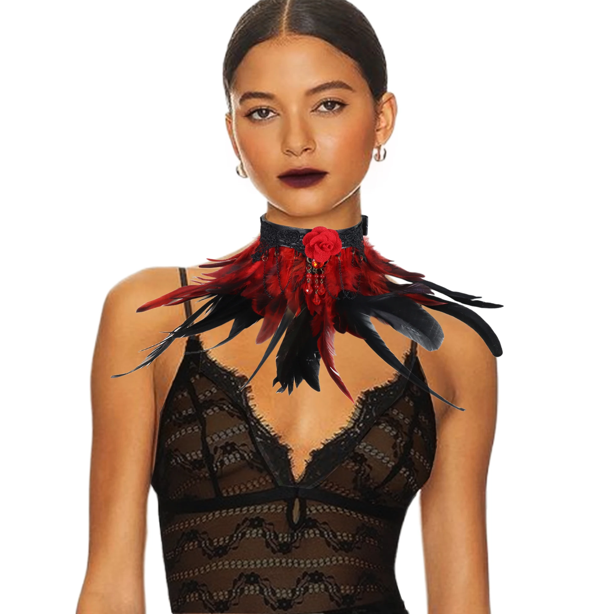 

Halloween Performance Party Role Play Neck Ornament Red Feather Black Lace Pendant Necklace Gothic Scarf
