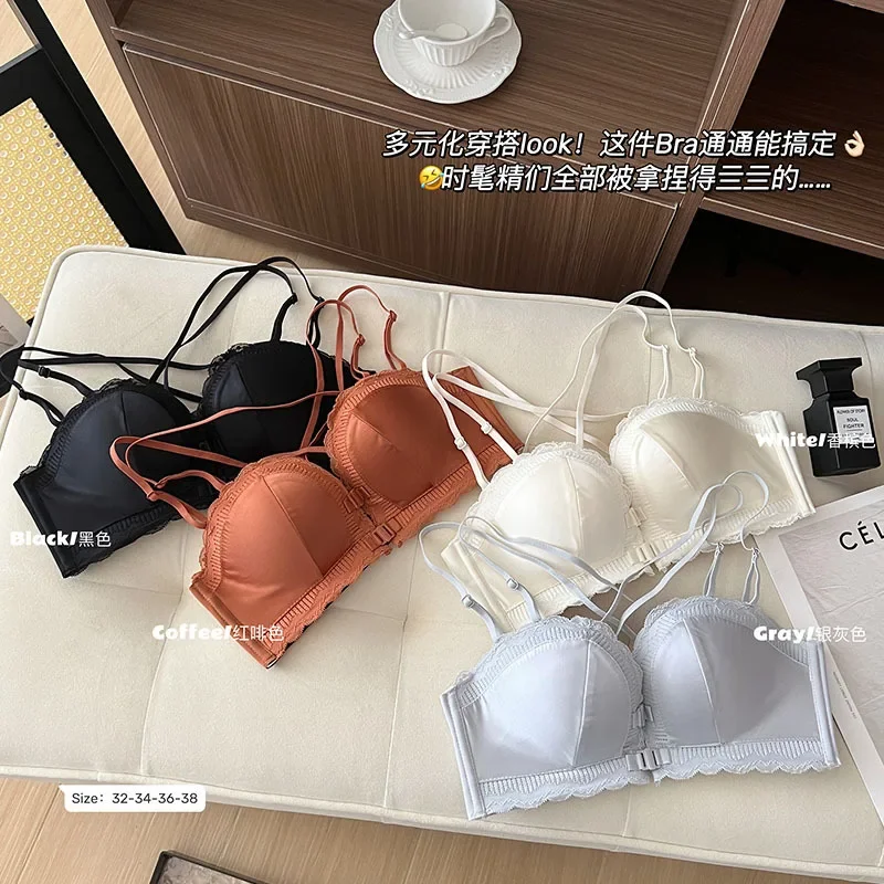 Satin gathering double open buckle cross beautiful back underwear women's live broadcast upper support strapless palm cup bra