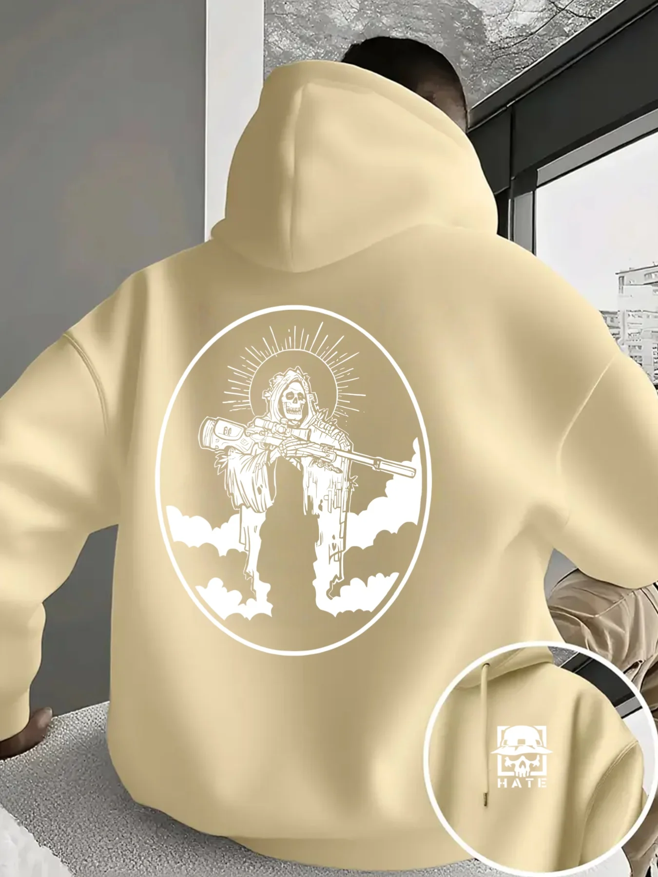 Dark and edgy men's hooded sweatshirt with skull warrior retro pattern print and mysterious pocket pullover hoodie