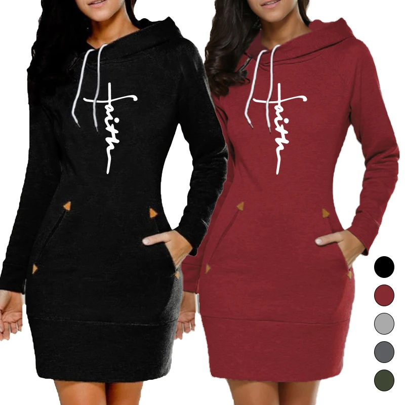 Women Hoodie Dress Sweatshirt Pullover Dress Autumn Winter Printed Cotton Long Sleeve Slim Pocket Hoodie Dress S-3XL