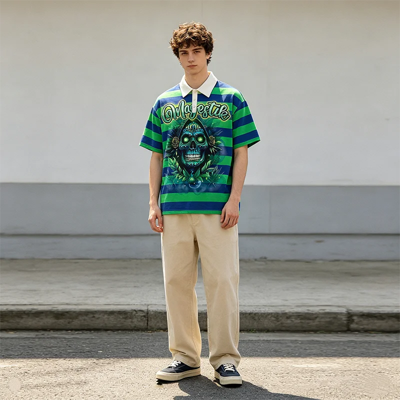 Gestreiftes Sugar Skull Polo-Shirt für Herren mit Strass-Buchstaben-Grafik T-Shirt Vintage Streetwear Lässiges Kurzarm-Shirt Oversize – Detail 3