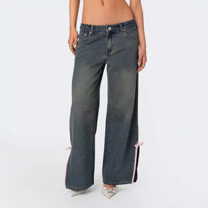 

Slit Side Bowknot Decor Jeans Women Bootcut Casual Denim Pants