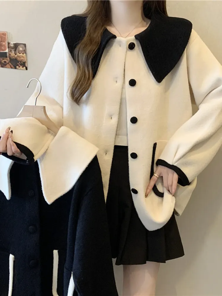 

plus Size Woolen Coat Doll Collar Loose Slimming Design Autumn Winter New Style Korean Version Pear Shape Long Sleeve Jacket