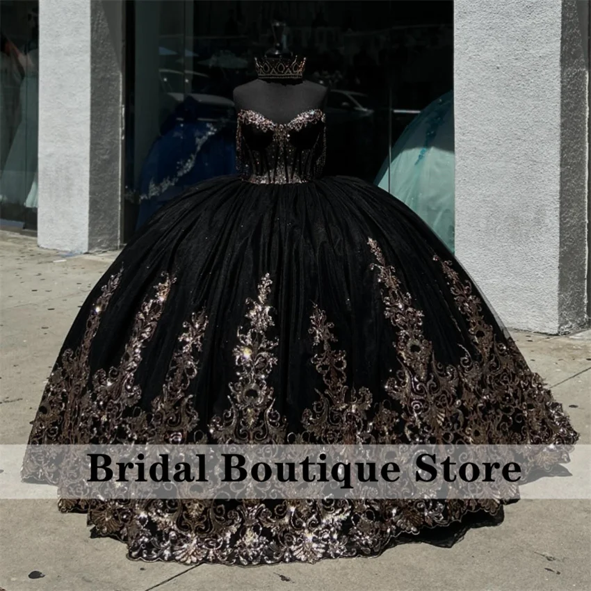 Gaun pesta dansa 16th putri hitam gaun Quinceanera manik-manik applique kristal berlian imitasi Vestidos De 15 a00os