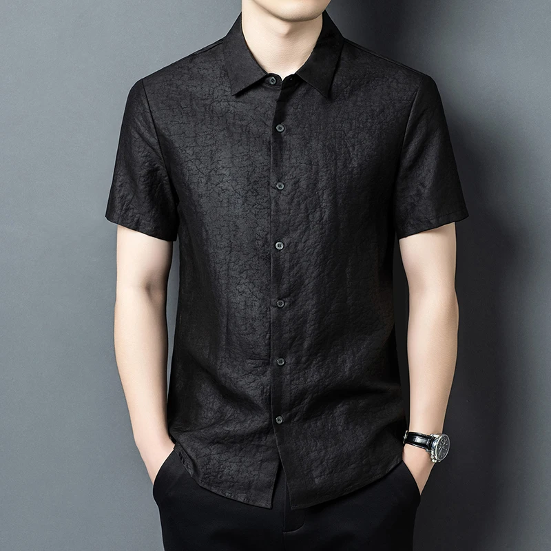 Lightweight Black Shirts For Men Short Sleeved Genuine Silk 100% Summer Quality Coolness Skin-Friendly Premium Camisas De Hombre