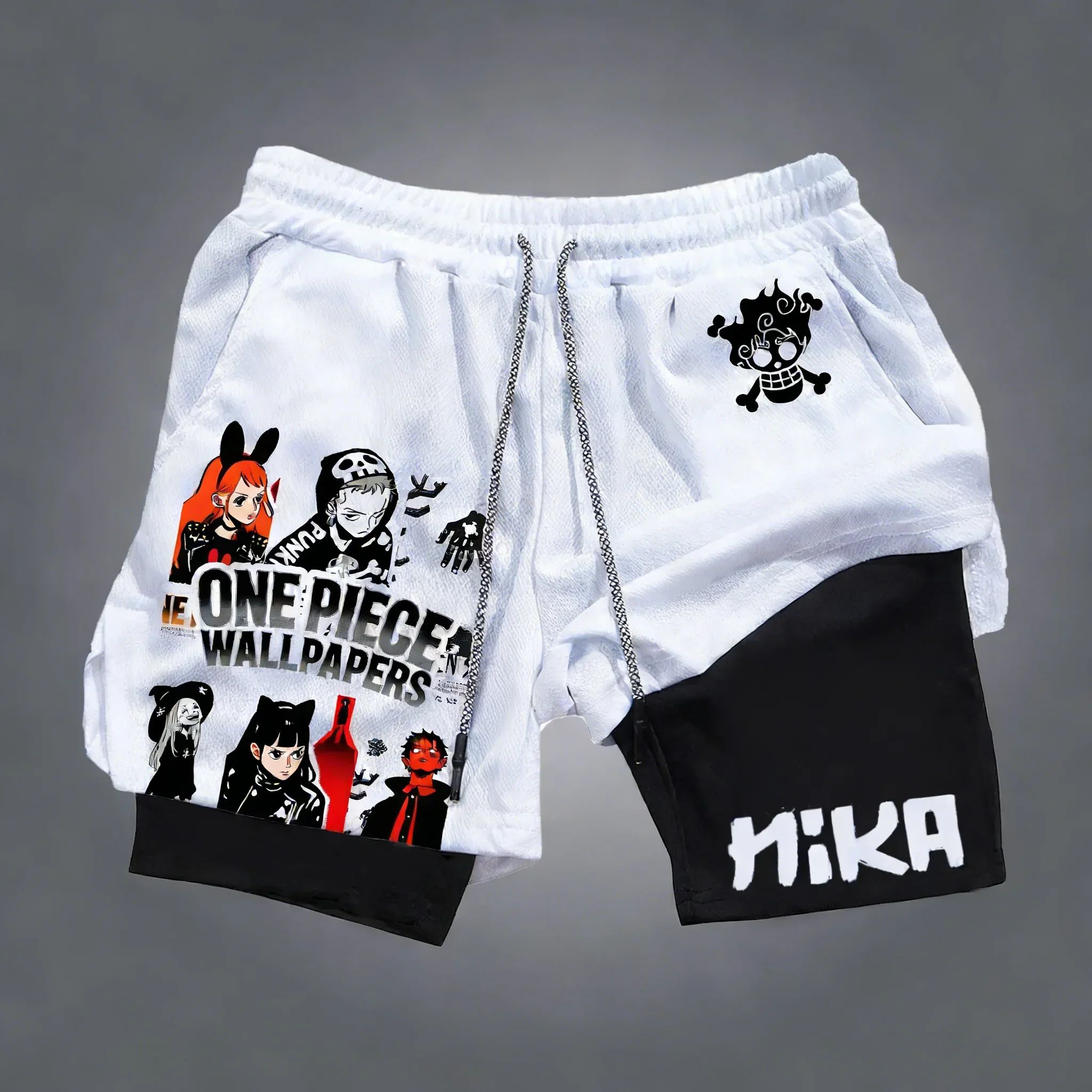 ONE PIECE Unisex Sommer-Doppelschicht-Shorts, neue Anime-Kollaboration, Fitness, atmungsaktiv, schnell trocknend, 2-in-1-Sportshorts