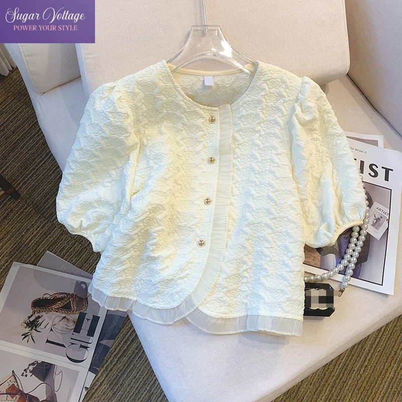 

Sweet French Textured Short Sleeve Blouse Women Vintage Elegant Ruffle Hem Button Shirt Summer Lace Jacquard Royal Court Tops