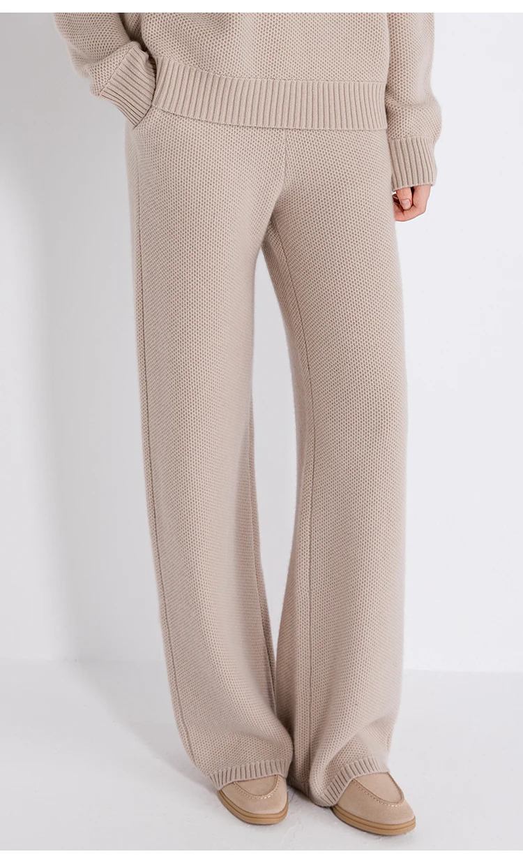 TX862183 Damen-Strickhose mit weitem Bein, Woll-Kaschmir-Mischung, elastischem Bund, gerippten Bündchen, entspannter Schnitt, LP Old Money Early Autumn – Detail 4