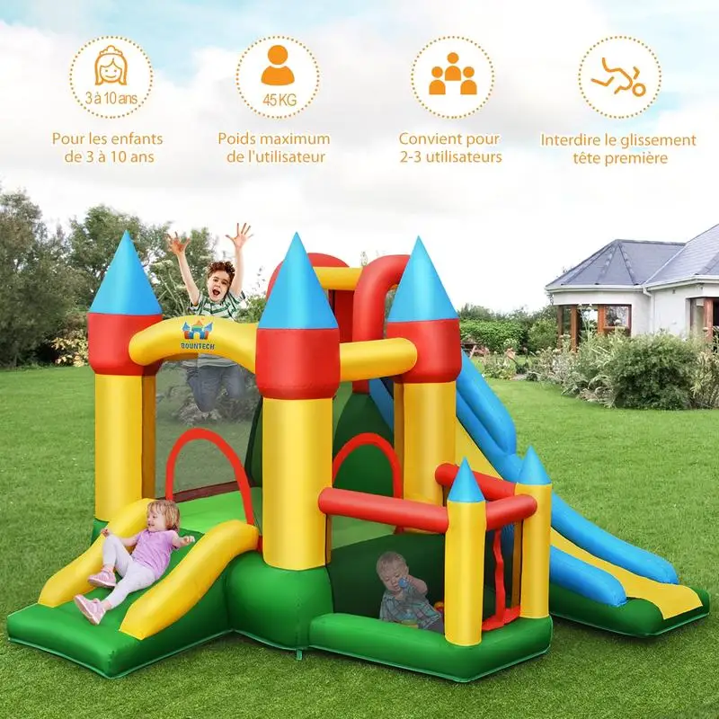 Château gonflable coloré pour enfants 330 x 300 x 210 cm équipé d'un souffleur d'air 780W et de deux toboggans. Fabriqué en PVC imperméable et résistant à l'usure avec filet de sécurité, grande zone de saut pour plusieurs enfants, idéal pour les fêtes d'anniversaire dans la cour et les loisirs en famille en plein air.