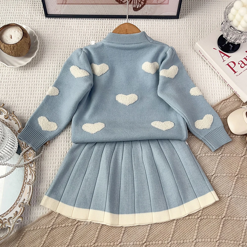 Autumn and Winter Long Sleeved Knitted Sweater Sets Girl Princess Outfit College Style Blue Heart Printed Top + Pleated Skirt