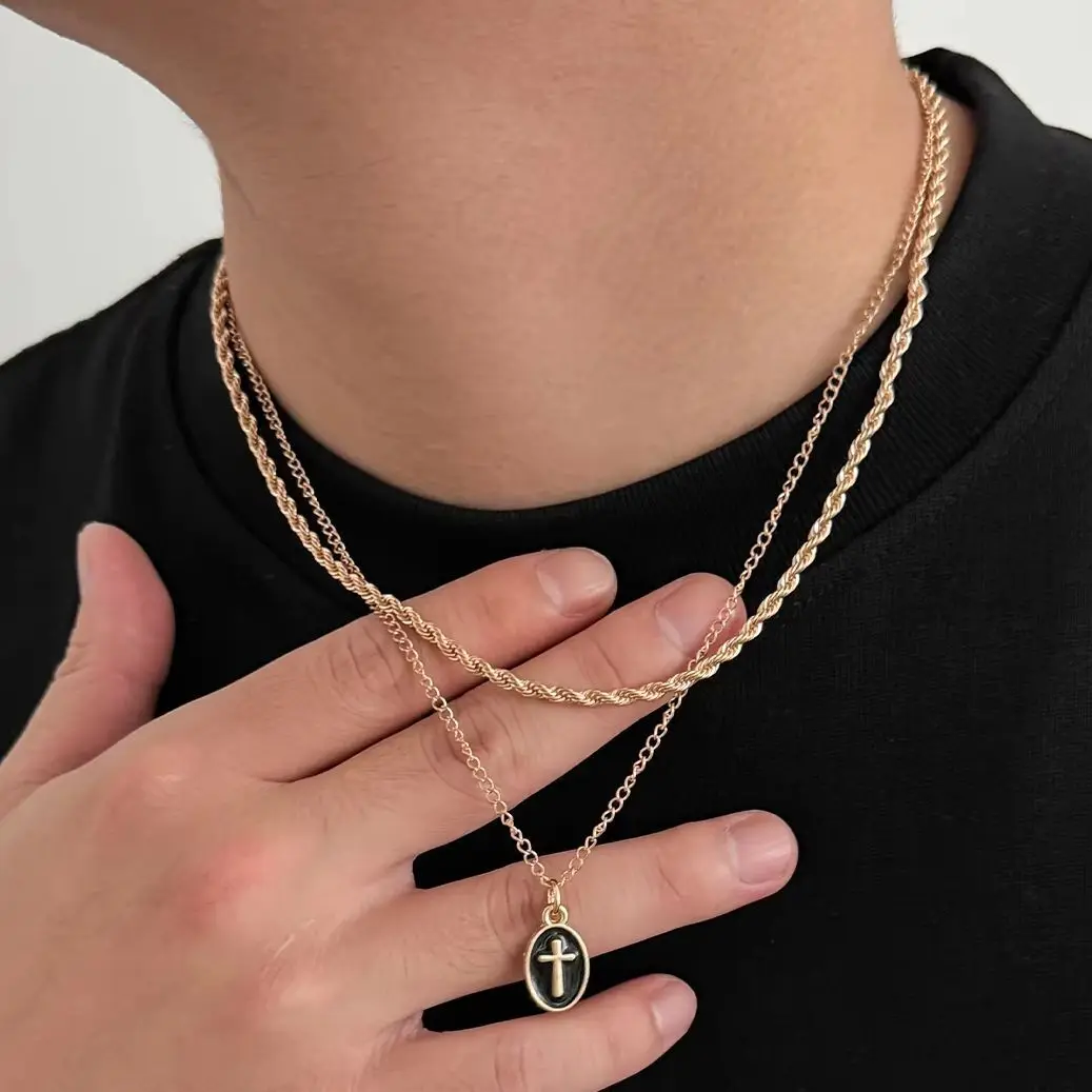IngeSight.Z 2Pcs/set Punk Oil Dripping Cross Pendant Necklace Men Fashion Gold Color Metal Rope Box Chains Choker Street Jewelry
