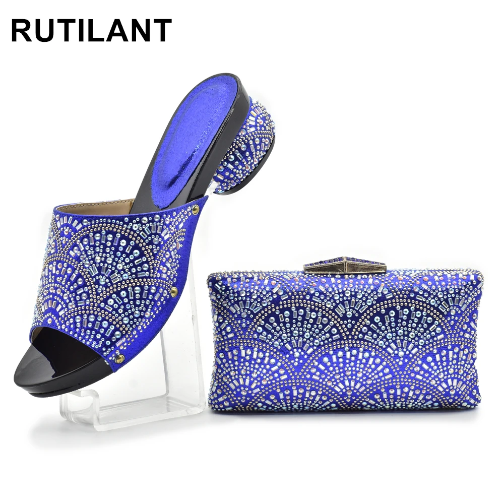 

Blue Color Shoes and Bag Set Decorated with Rhinestone High Quality Matching Italian Shoe and Bag Set for Wedding Nigerian Shoes