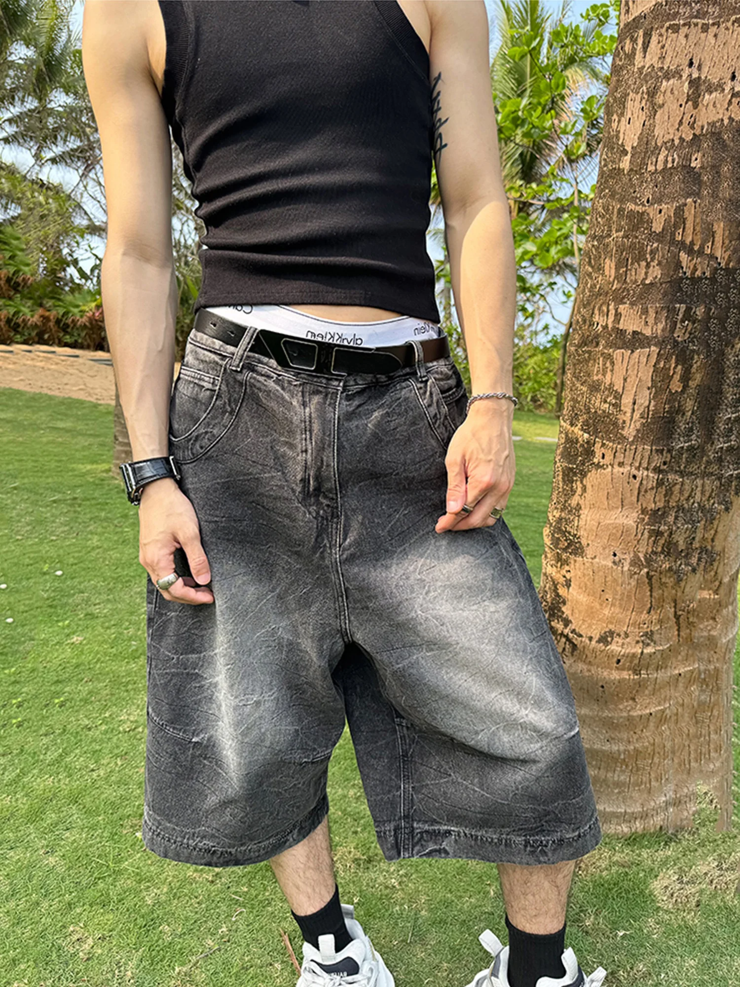 

Summer Vintage Waed Bla ey Workwear Denim orts Men's American High Street Wide Leg Straight Cut Six Seven Pants