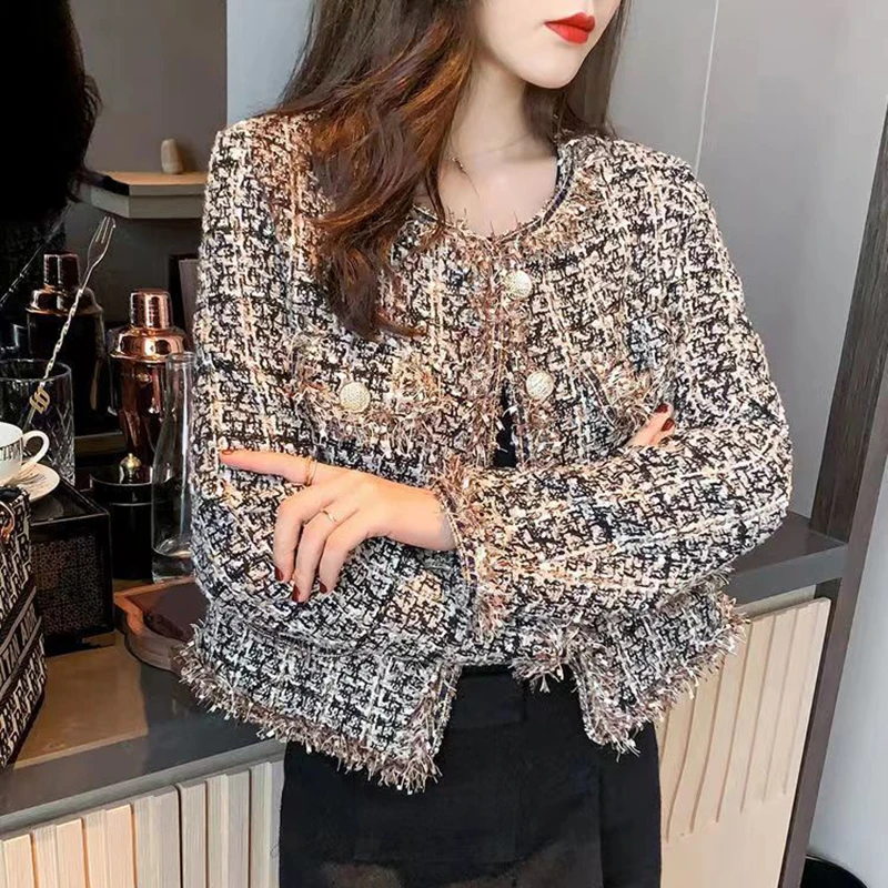 

Korean Plaid Woolen Jackets for Women, Tassel Tweed Coat, Loose Long Sleeve Tops, Streetwear Outwear, Spring and Autumn Fashion