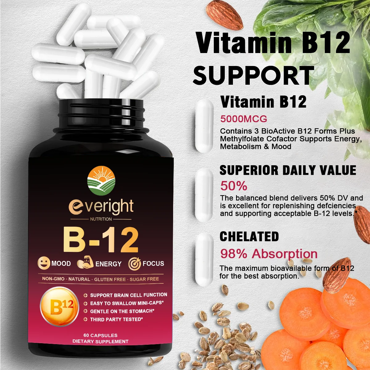 Vitamin B12 - for Mood, Brain, Nervous System, Energy, Metabolism - 3 BioActive B12 Forms 5000 mcg，Non-GMO