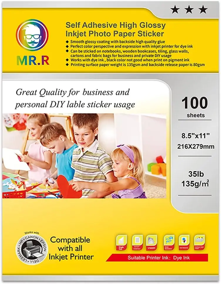 Self Adhesive High Glossy Sticker Inkjet Printable Photo Paper 50 sheets Per Pack 135/80gsm 8.5x11