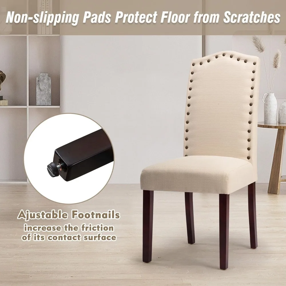 كراسي طعام بارسونز منجدة من القماش الحديث مكونة من 4 قطع مع زخرفة رأس أظافر وبناء من الخشب الصلب #5