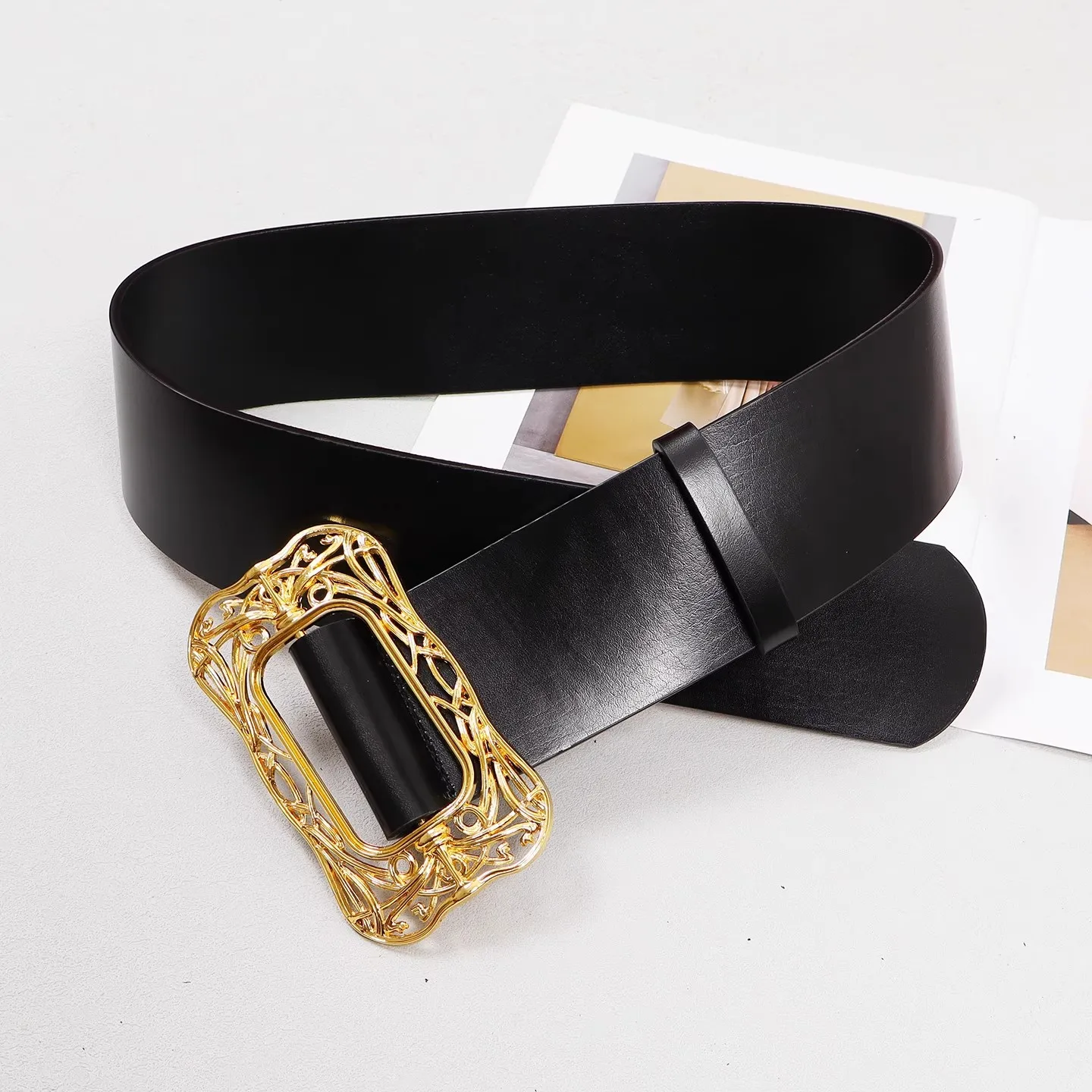 Sabuk Kulit Asli Wanita Model Vintage dengan Gesper Emas, Korset Gaun Wanita, Ikat Pinggang Dekoratif, Sabuk Lebar R3137