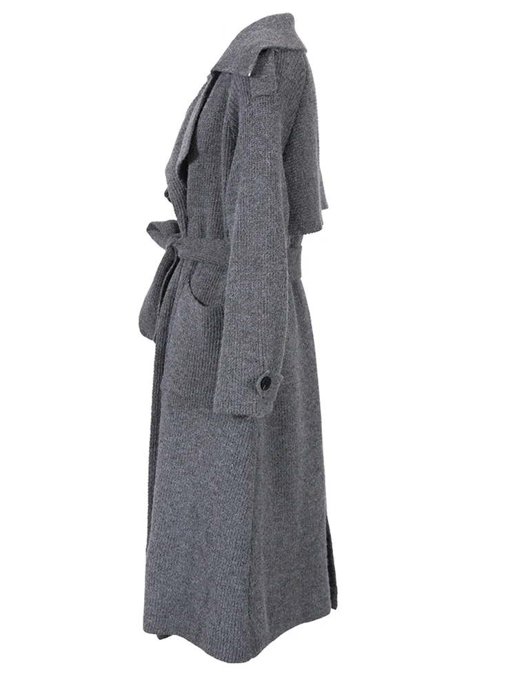 EAM-cárdigan de punto con cinturón para mujer, suéter de manga larga con cuello en V, color gris, talla grande, a la moda, para primavera y otoño, 2024, 17A2005H02