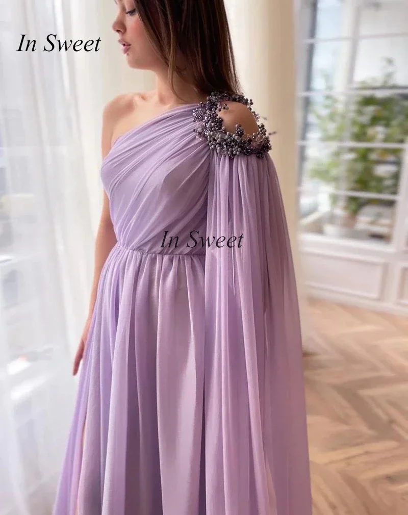 Vestidos de noite frisados de chiffon, Vestido de baile lilás, Vestido de festa de fenda alta para casamento, moda, 1 ombro, 2023