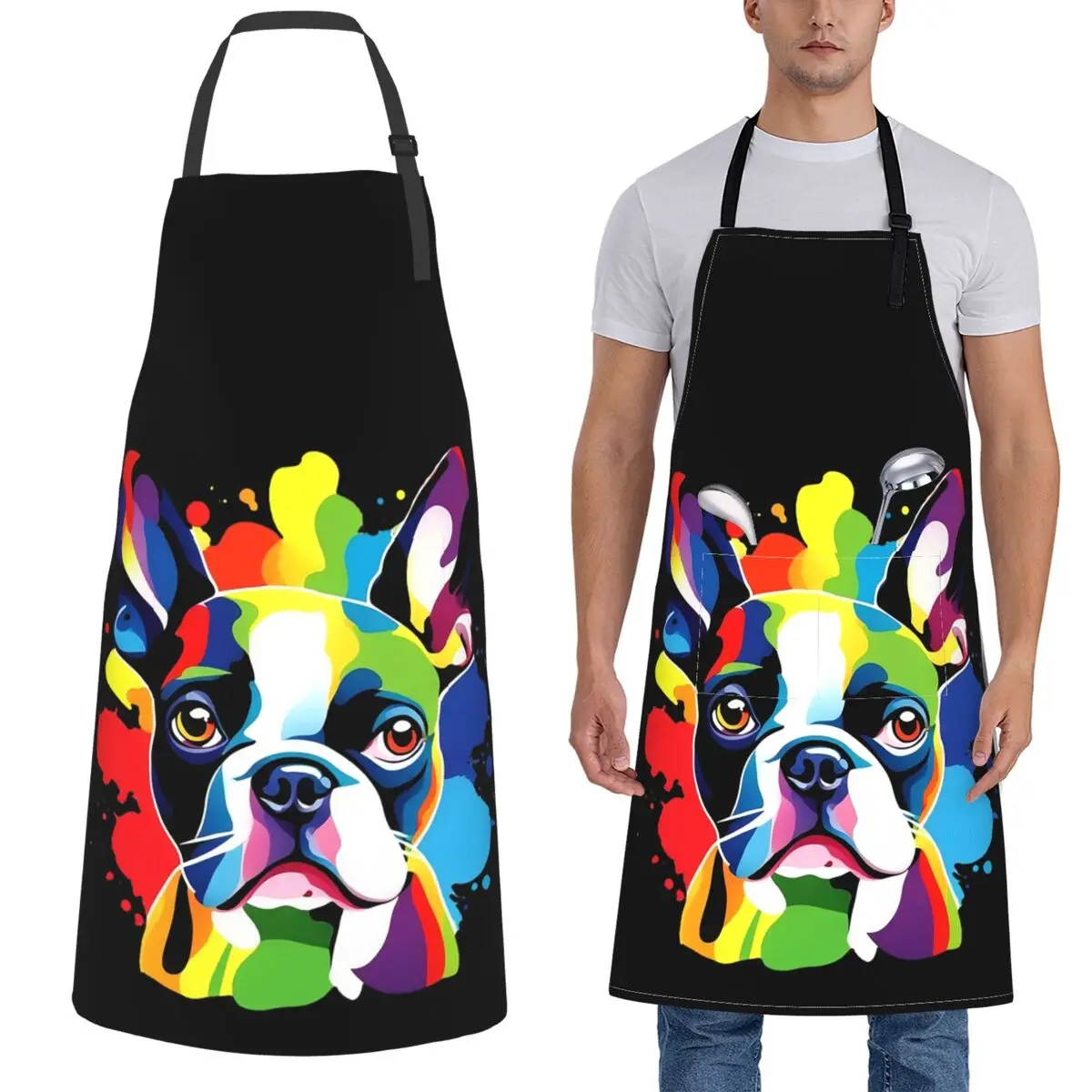 

Vibrant Rainbow Boston Terrier Dog Portrait Aprons Chef Cuisine Tablier Sleeveless Bib Kitchen Pinafore for Women Men Gardening