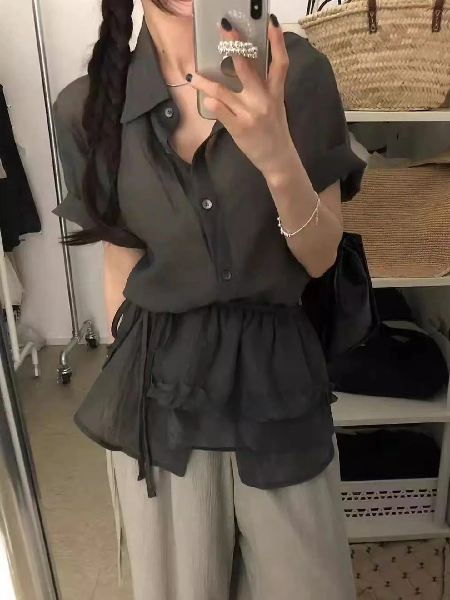 

Fashionable Short Sleeve Shirt And Skirt Set Women'S Flounce Trim Two-Piece Suit Summer New Style Commute Style Polyester Fiber