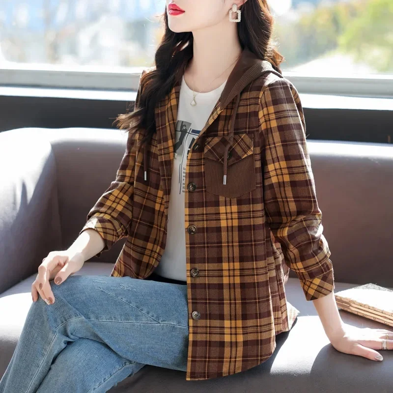 2023 Autumn And Winter New Style Jacket Fashion Korean Plaid Hooded Plus Size Shirt Casual Sanding Loose Fashion Ladies Coat