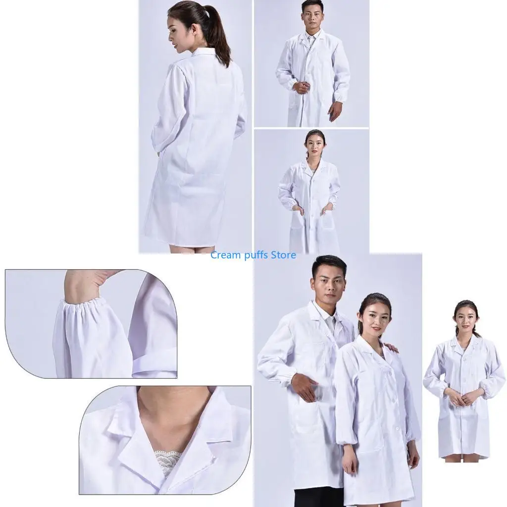 

50LE Unisex Long Sleeve White Lab Coat Lapel Collar Button Down Medical Doctor Blouse