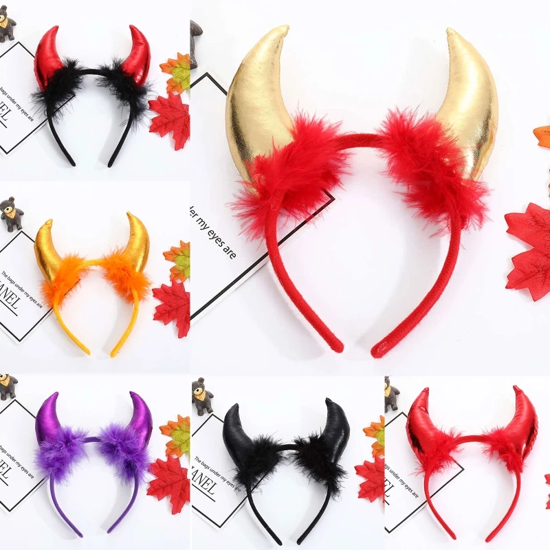 Shinning Adult Children Headband Feather Decor Ox Horn Hair Hoop Halloween Christmas Headband Costume for Cosplay Party