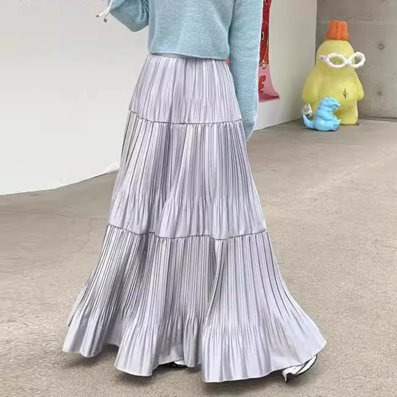 シックな春の新ハイウエストプリーツ A ラインロングスカート女性のフロック綿韓国スタイル通勤ハイウエストデザイン