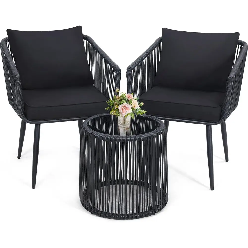 

All-Weather 3-Piece Patio Bistro Set with Wicker Chairs and Side Table for Balcony, Porch, and Backyard in Black