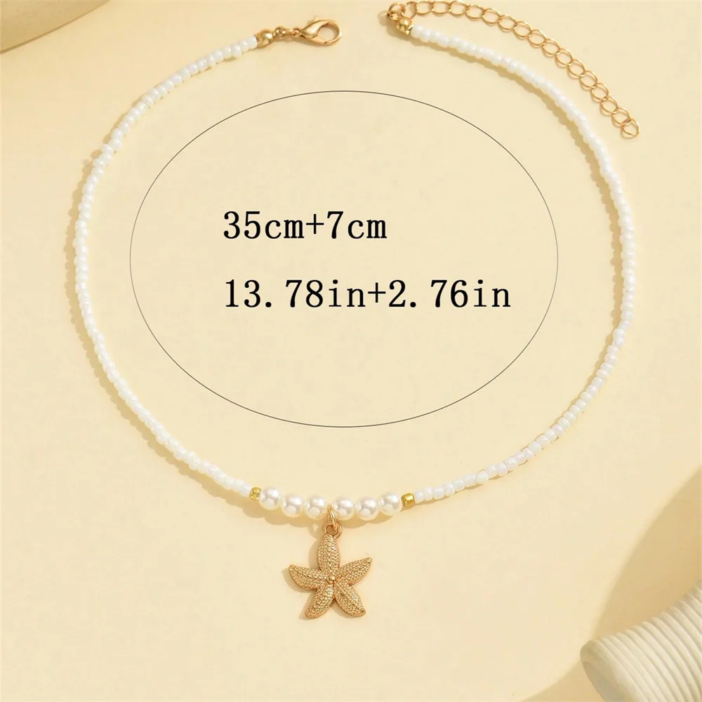 1pc Handmade Starfish Pendant Necklace With Faux Pearl Beads, Ocean Theme Jewelry For Women To Wear Daily