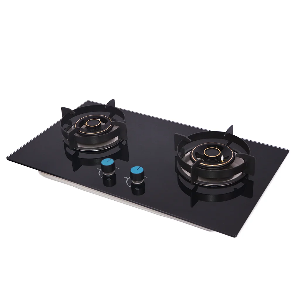 Fornello domestico di alta qualità di vendita caldo Fornello a gas in acciaio inossidabile a 2 fuochi Piano cottura a gas in vetro temperato incorporato a 2 fuochi