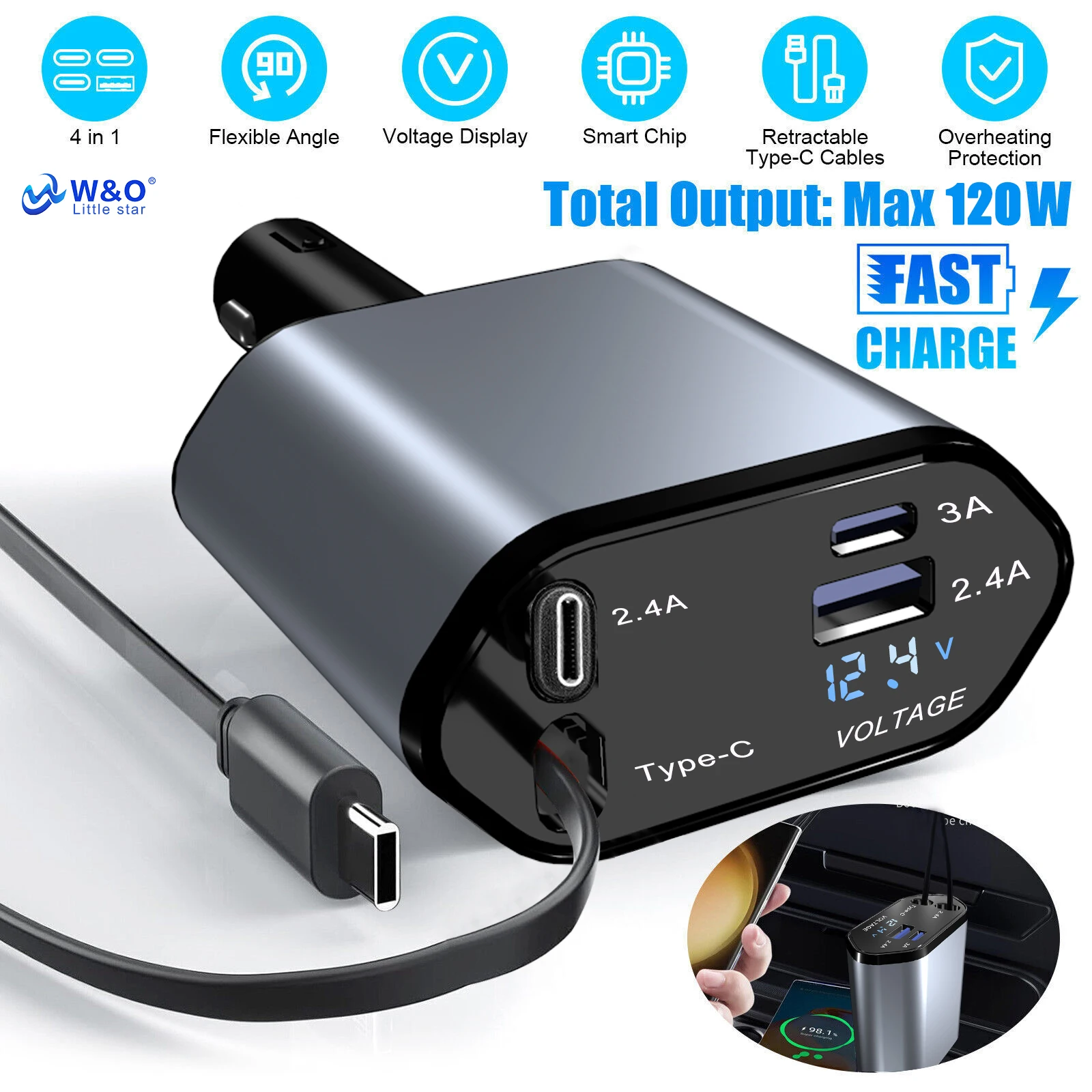 

W&O C1 120W Fast Charging Car Charger Retractable 4 In 1 Type C Mobile Phone Charger for iPhone Xiaomi Huawei Samsung Android