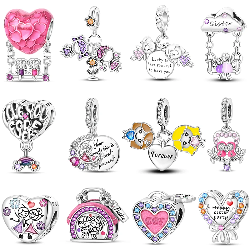 Neue 925er Silber Regenbogen Ballon Beste Schwestern Prinzessin Rosa Traum Lila Charms Perlen Fit Pan Original Armbänder DIY Edlen Schmuck