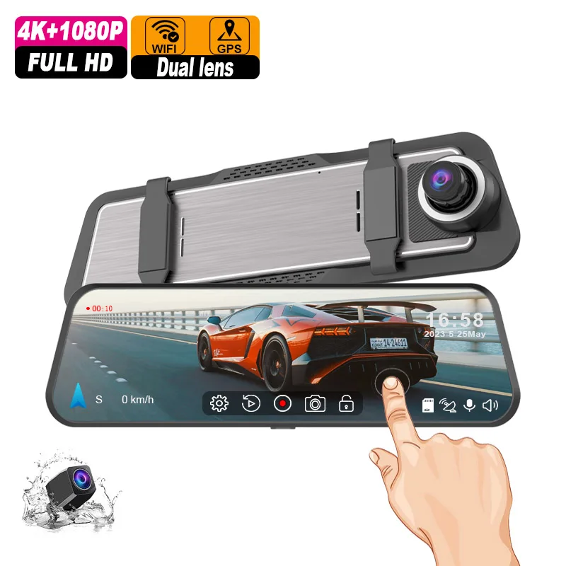 

10 inch touch screen rearview mirror car dash camera hd 4k car dvr dual dash cam front and rear doble camara 4k wifi gps dashcam