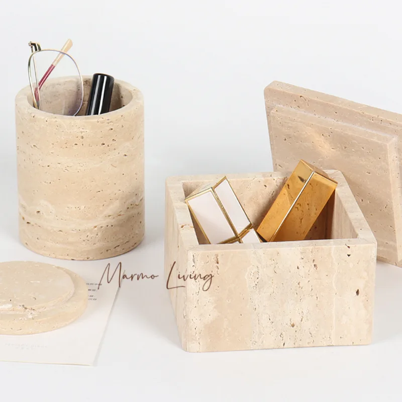 

Decorative Travertine Storage Box for Jewelry Natural Marble Bathroom Vanity Organizer Canister for Cotton Swabs
