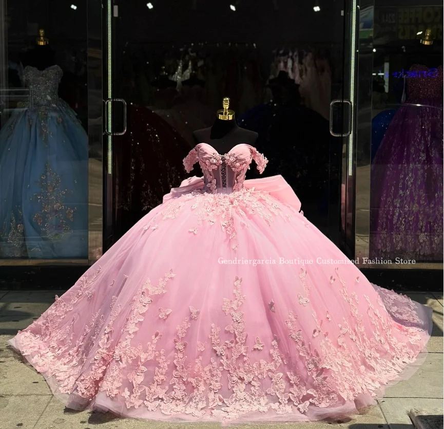 

Dreamy Pink Princess 15 Quinceanera Dress Glitter Off Shoulder 3D Bow Lace Appliques Mexico Chapel vestido de xv años Customised