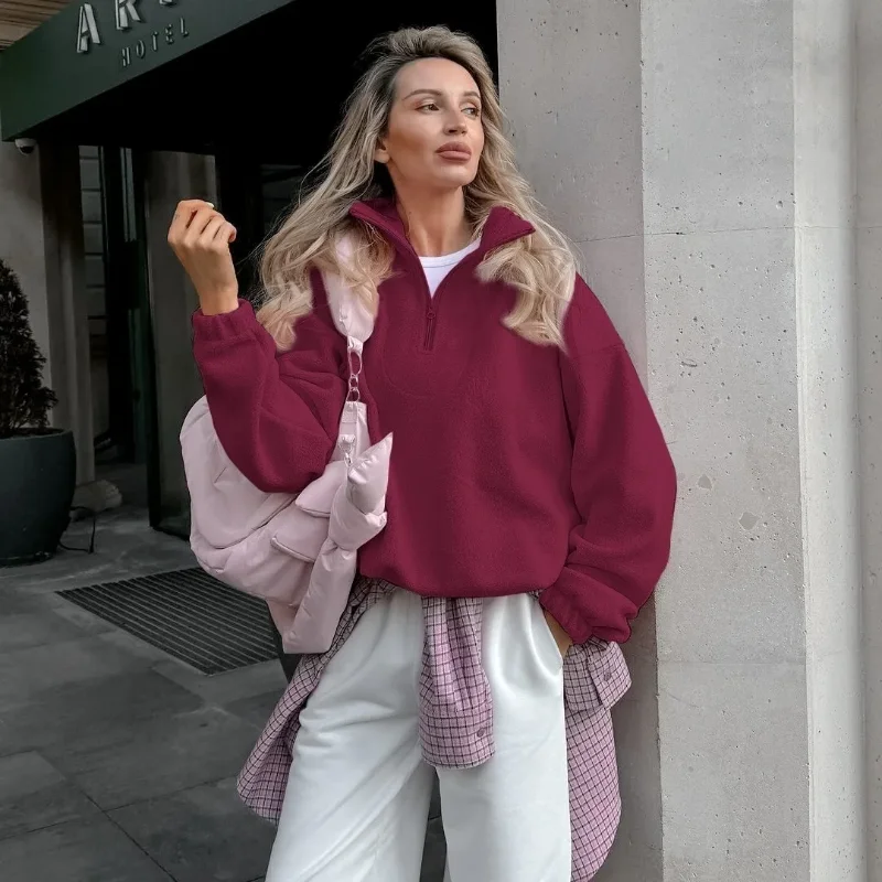 Felpa con cappuccio pullover allentata autunno inverno stile europeo americano da donna tinta unita minimalista versatile mezza zip in pile