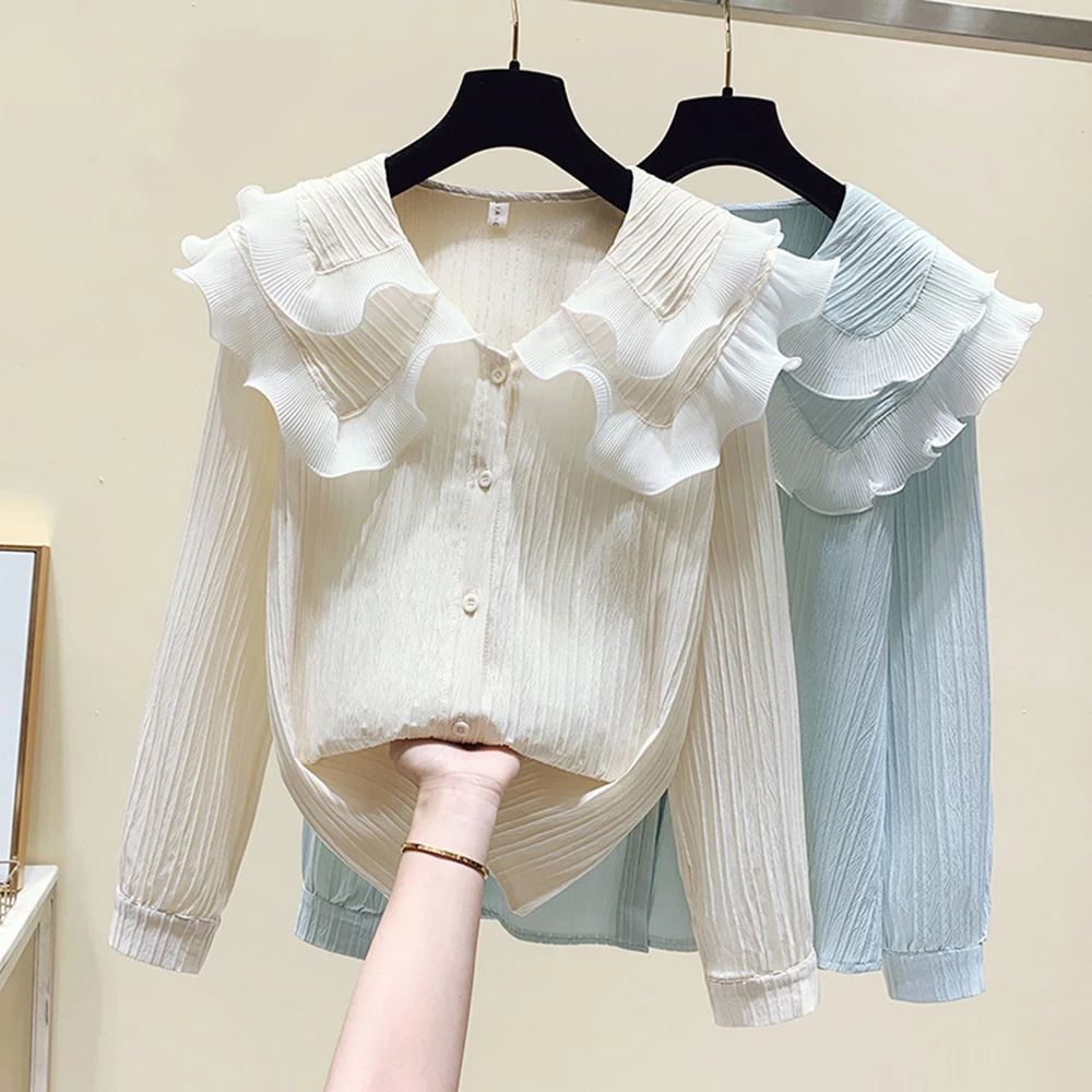 Luxury Brand Big Peter Pan Collar Ruffle Womens Blouse Long Sleeve Cotton Casual Tops Femme 2022 Spring Summer Frill Shirt