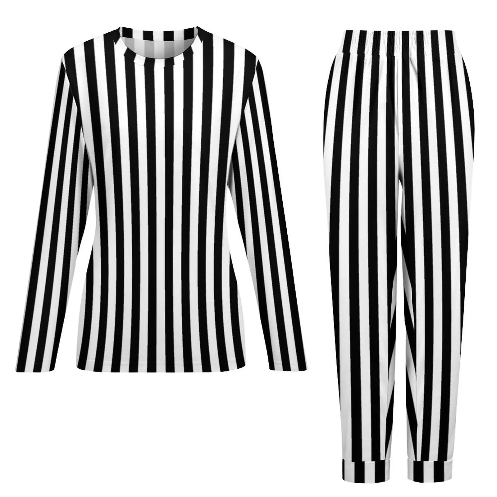 Black White Striped Pajamas Lady Vertical Lines Print Fashion Home Suit Autumn 2 Pieces Casual Oversized Pajama Sets