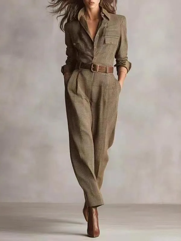 Classic Plaid Workwear Jumpsuit Women's Retro Overalls Long Pants High Waist Straight Leg Polyester Fiber Autumn Cross-Border