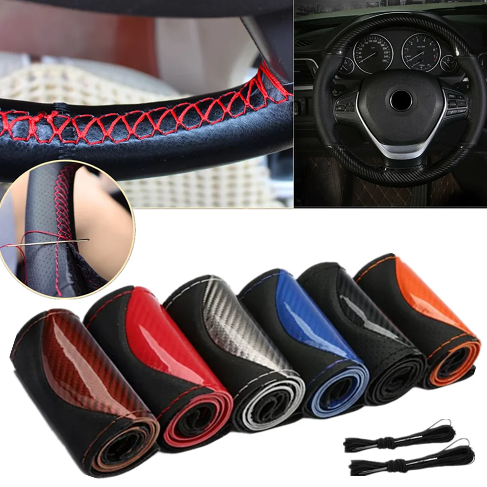 

Hand-sewn Steering Wheel Cover Crystal Carbon Fiber Microfiber Leather Car Steering Wheel Cover Car Decoration Handle Cover